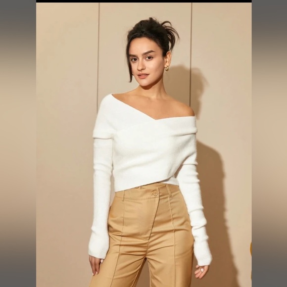 AEL White Off Shoulder Sweater - Crop - Cross - Long Sleeve Pullover SZ XS Women - Picture 1 of 8